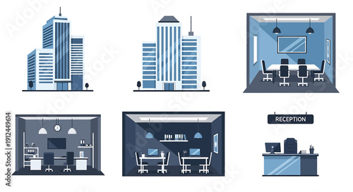Modern office buildings and interior spaces illustrated in a minimalist style from various viewpoints