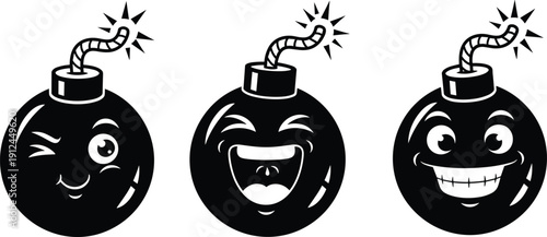 Cartoon bomb character faces set with funny expressions, black silhouette illustration icons isolated on white background