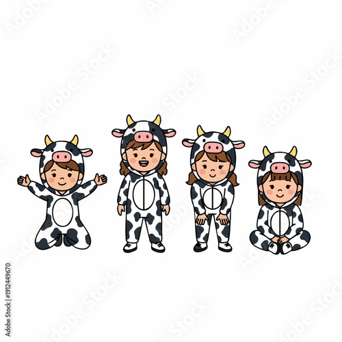 Cute Cartoon Style Little Children in Cow Costume Illustration