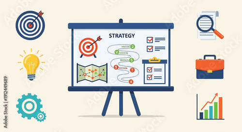 Business strategy presentation on a whiteboard with graphs and charts displayed on an easel, surrounded by business icons