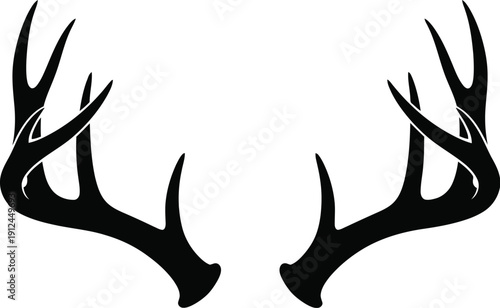 Two symmetrical black deer antlers feature sharp tines extending upwards from the base against white.