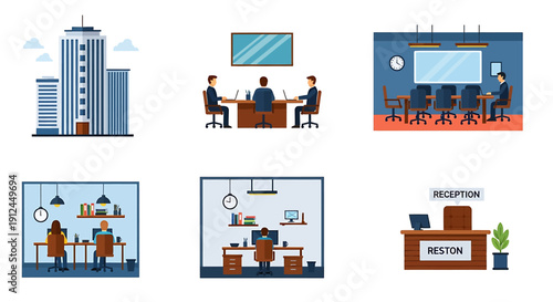 Business professionals collaborating in various office settings and meeting rooms with modern architecture and technology