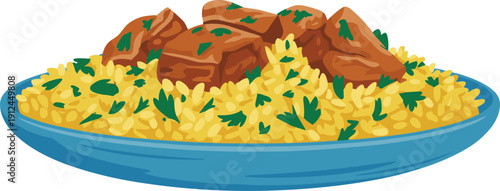 A Blue Plate Filled with Yellow Rice and Brown Meat Pieces Topped with Green Herbs