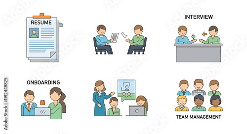 A diverse group of professionals engaging in various human resources activities including resume review, interviewing, onboarding, and team management in a modern office setting