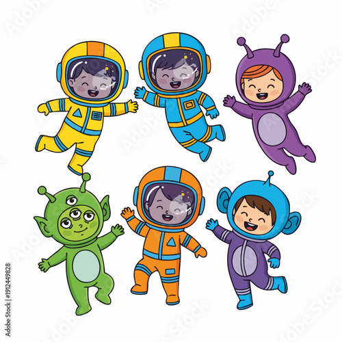 Cheerful Cartoon Astronaut And Alien Kids Wearing Costume Illustration