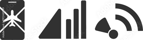 Collection of simple black icons depicts airplane mode off, cellular signal bars, notification alert, and wireless connectivity.
