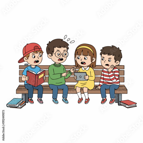 Cartoon Style Group of Children Sitting on Bench Discussing Tablet