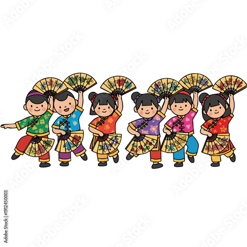 Cartoon Cheerful Chinese Children Performing Traditional Fan Dance Illustration