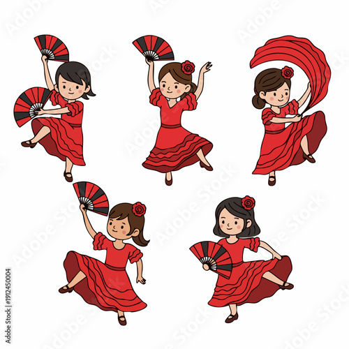 Cute Cartoon Style Detailed Flamenco Dancer Character Girl in Red Dress Illustration