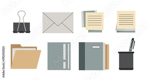Office supplies and stationery neatly arranged on a clean white background, showcasing various office essentials from binders to writing utensils