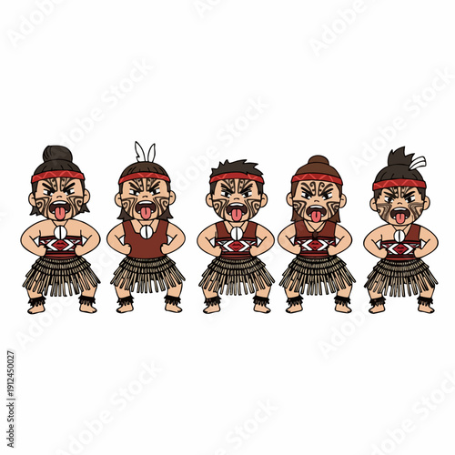 Cartoon Illustration of a Group of Haka Dancers Performing Traditional Dance