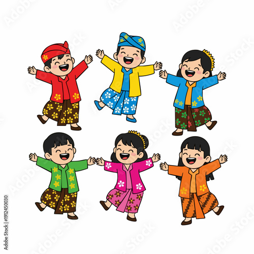 Cheerful Cartoon Style Children Illustration Wearing Traditional Indonesian Attire and Smiling