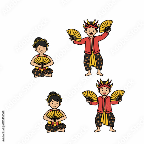 Cute Handdrawn Traditional Saman Dance Illustration with Fan for Culture