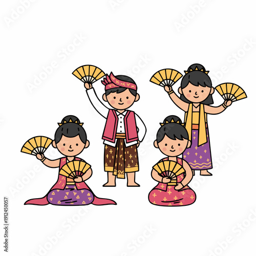 Colorful Handdrawn Traditional Fan Dancer People Illustration with Cultural Costumes