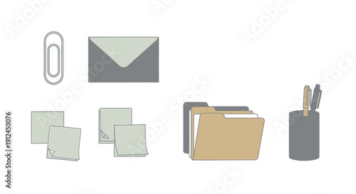 Office supplies and stationery arranged neatly on a clean white background