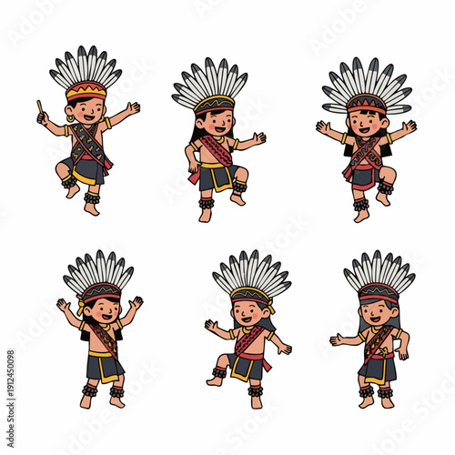 Cartoon Flat Style Group of Kids Dancing Traditional Dance Illustration