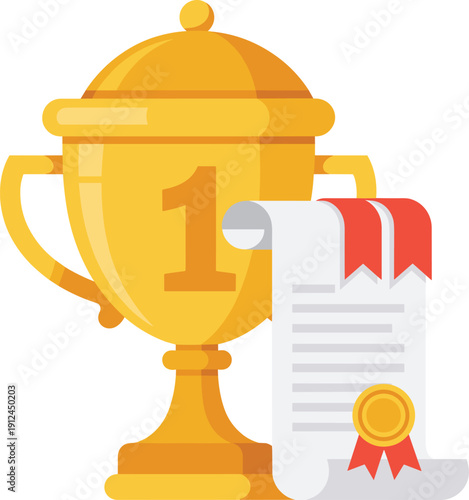 A golden trophy with a number one emblem and a certificate with a red ribbon and gold seal