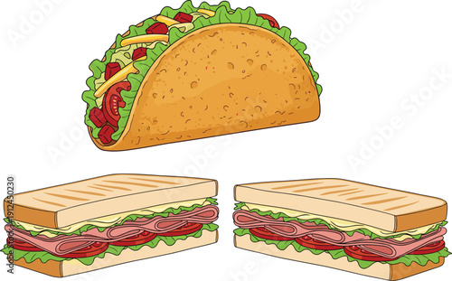A large taco and two sandwiches with lettuce and meat on a white background
