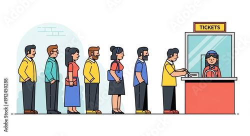 People queuing at a ticket booth for event tickets.