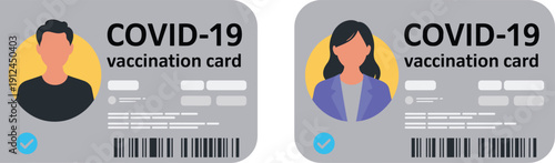 COVID-19 Vaccination Card Illustration Set with Male and Female ID Templates Showing Immunization Status for Healthcare, Medical Records, and Public Health Design