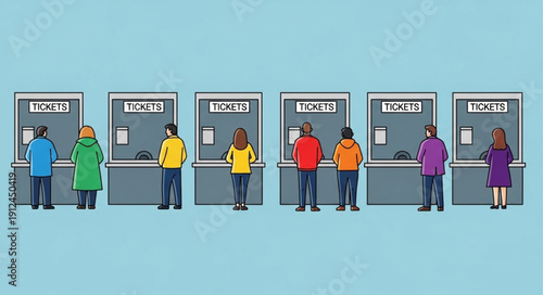 People queuing at ticket machines for services.