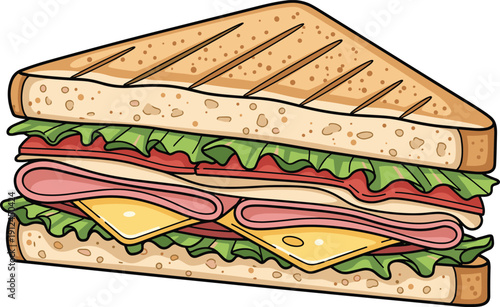 A thick sandwich with toasted bread, lettuce, cheese, and meat slices
