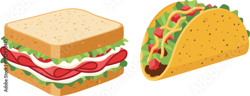 A sandwich with lettuce and meat next to a taco with lettuce and cheese on a white background