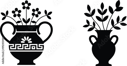 Decorative flower vase silhouettes featuring floral arrangements, ornamental pottery, botanical design, home decor elements, classic style, and elegant vector illustration
