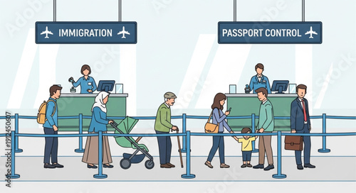 People queuing at immigration and passport control at airport.