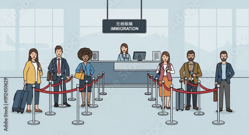People waiting in line at airport check-in counter illustration.