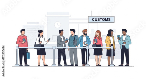 People waiting in line at customs inspection area.