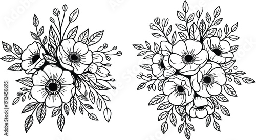 Elegant Black and White Floral Line Art Bouquets with Hand Drawn Flowers for Coloring Pages, Tattoos, Logos, and Decorative Design