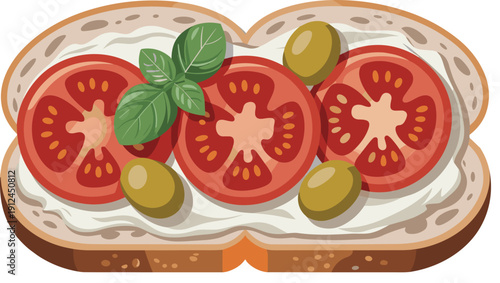 Freshly made sandwich with tomato slices olives and basil leaves on bread