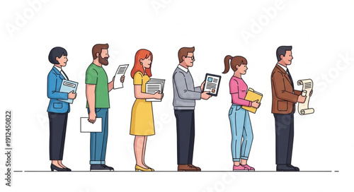 Diverse group of people standing in a line holding documents.