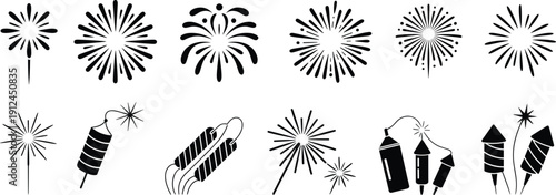 Fireworks and Firecrackers Silhouette Icon Set Celebration Pyrotechnic Elements Vector Illustration Isolated on White Background Festive Holiday Design