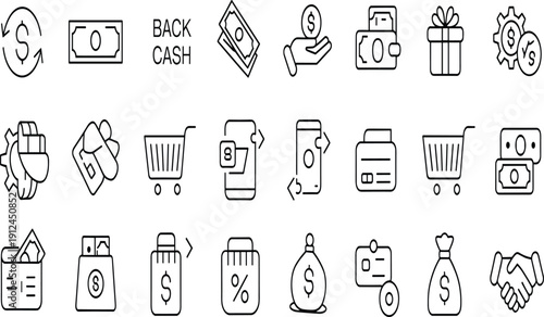 Financial Line Icon Set with Money, Wallet, Cash Back, Payment, Shopping, Savings, and Banking Symbols for Web, App, and UI Design