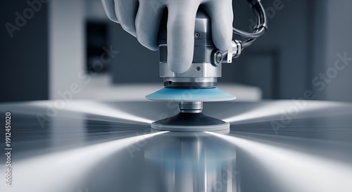Automated polishing machine with suction cup on a reflective surface, precision manufacturing