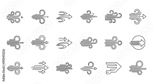 collection of minimalist line art wind icons illustrating air movement and breeze symbols for weather apps and climate data visualization.