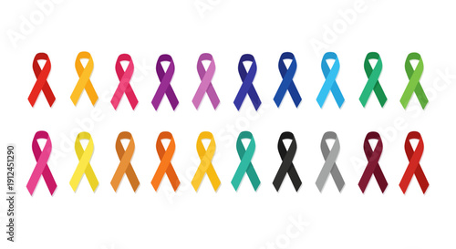 colorful awareness ribbons collection on white background symbolizing diverse health and social causes for campaigns.