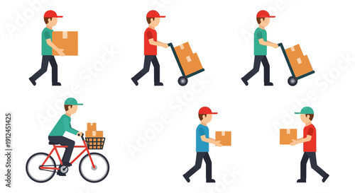delivery service personnel transporting packages by hand hand truck and bicycle illustrating efficient logistics and fast shipping.