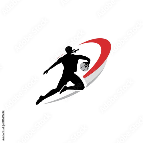 Dynamic Silhouette of Basketball Player in Motion with Red Swirl