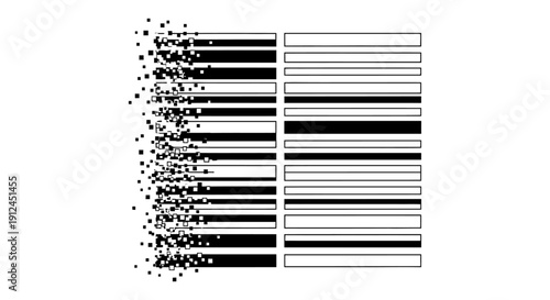 digital data fragmentation showing binary lines dissolving into pixels contrasted by stable info for tech and cybersecurity concepts.