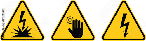 High voltage warning triangle signs set with electric shock, electrostatic discharge, and lightning hazard symbols isolated on white background