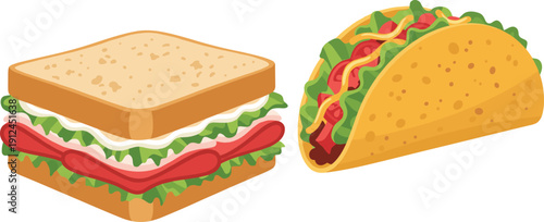 Two Sandwiches with Lettuce and Red Sauce on a White Background taco bread