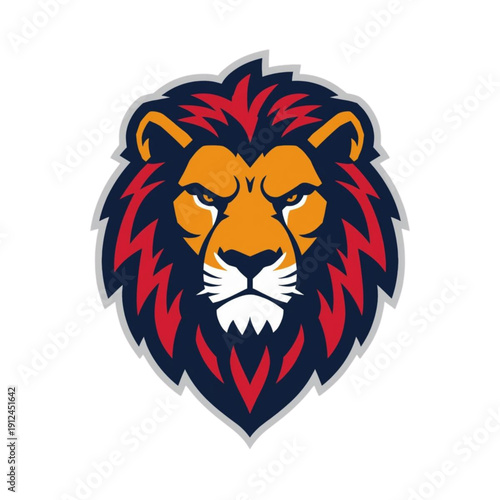 Bold Stylized Lion Head Emblem with Red and Dark Blue Mane