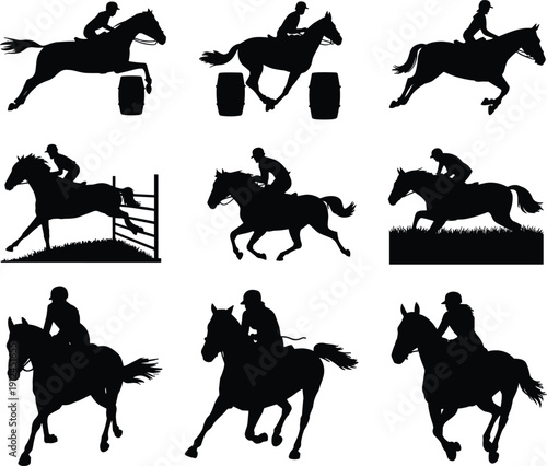 Horse jumping rider silhouettes collection showing equestrian sport action, barrel racing, obstacle jumps, galloping motion, and competitive horseback riding vector illustration