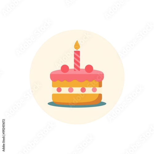 Simple Pink Birthday Cake with Single Candle Illustration