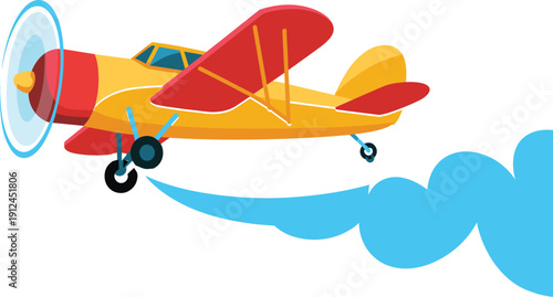 Yellow and red biplane flying with blue motion trail and propeller spinning airplane