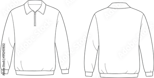 Long sleeve polo shirt technical drawing featuring front and back views apparel outline template isolated on white background vector illustration