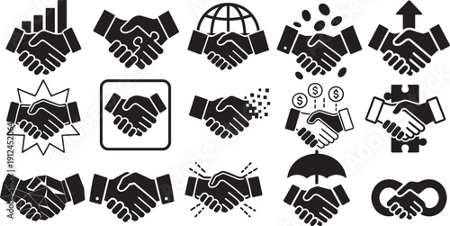 Handshake icon set with business agreement and partnership symbols